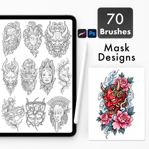Peut inclure: Une tablette numérique affichant une collection de 70 motifs de masques en noir et blanc, accompagnée d'un stylet et d'une illustration couleur d'un masque de démon rouge avec des pivoines roses. Le texte indique 70 Brushes Mask Designs.