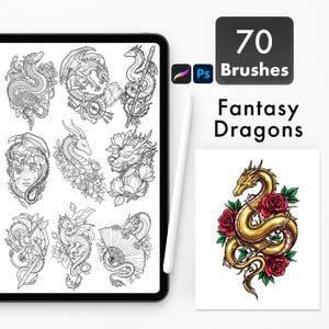 Peut inclure: Ensemble d'art numérique avec 70 pinceaux pour Photoshop, sur le thème des dragons fantastiques. L'image comprend une tablette avec des illustrations de dragons, un stylet et une carte avec un dragon doré et des roses rouges.
