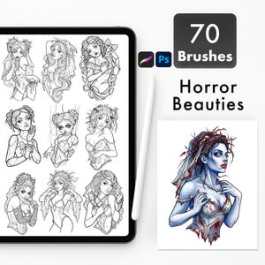May include: A digital tablet displaying a grid of nine black and white line art illustrations of female figures, alongside a stylus and a single colored illustration of a woman with blue skin, red lips, and a veil, labeled 70 Brushes Horror Beauties.