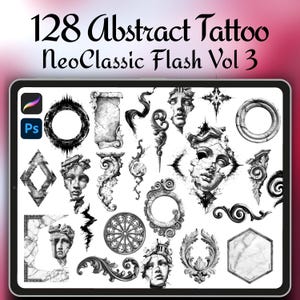 Könnte beinhalten: Eine digitale Kunstausstellung mit 128 abstrakten Tattoo-Designs in einer NeoClassic Flash Vol 3-Kollektion. Die Designs umfassen klassische Büsten, verzierte Rahmen und dekorative Elemente, alle in Schwarzweiß.