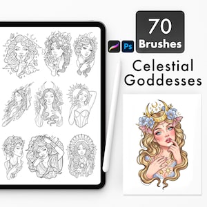 May include: A digital art set featuring 70 brushes and illustrations of celestial goddesses. The image includes a tablet displaying line art drawings and a color illustration of a goddess with flowers and a crescent moon. Text reads "70 Brushes Celestial Goddesses".
