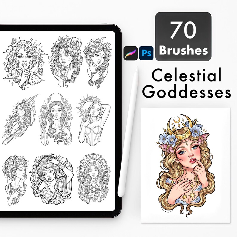 Celestial Goddess Tattoo Brushes for Procreate Photoshop, Mystic Female ...