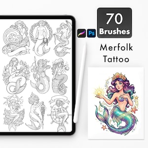 May include: A digital art set featuring 70 brushes for Procreate and Photoshop, with a mermaid theme. The image includes a tablet displaying mermaid illustrations and a colorful mermaid design with the text "Merfolk Tattoo".