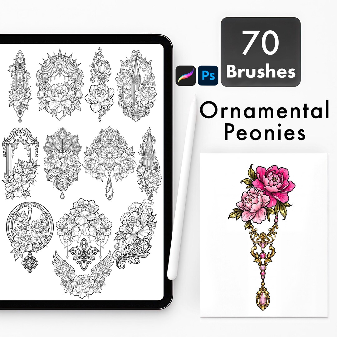 Peony Tattoo Ornamental Brushes for Procreate & Photoshop. Gothic ...