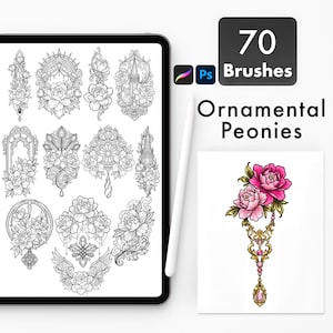 Könnte beinhalten: Ein digitales Kunstset mit 70 Pinseln mit Zierpfingstrosen-Designs. Das Bild zeigt ein Tablet mit schwarz-weißen Pfingstrosen-Illustrationen, einen weißen Stift und eine Karte mit einem farbigen Pfingstrosen-Design. Der Text lautet "70 Brushes" und "Ornamental Peonies."