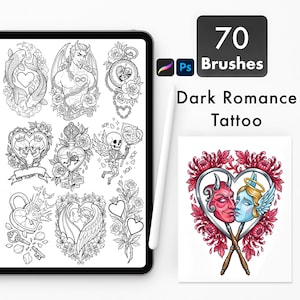 May include: Digital art set featuring 70 tattoo brushes with a dark romance theme. The image includes a tablet displaying various tattoo designs, a stylus, and a printed design of two faces in a heart-shaped frame. The text reads "Dark Romance Tattoo".