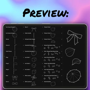May include: A digital illustration on a tablet screen featuring various food-related graphics. The image includes drawings of ice cream scoops, straws, flags, bows, sprinkles, and other decorative elements. The word "PREVIEW:" is at the top.