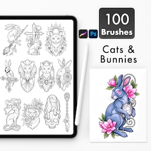 Könnte beinhalten: Digitale Kunstpinsel für Procreate und Photoshop, mit 100 Pinseln mit Katzen- und Hasenmotiven. Das Bild zeigt ein Tablet mit Illustrationen von Katzen und Kaninchen, einen Stift und einen Druck eines blauen Hasen mit rosa Blumen.