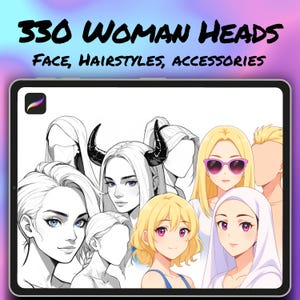 Op de afbeelding: Digitale illustratie van diverse vrouwen gezichten, kapsels en accessoires. De afbeelding toont de tekst "330 WOMAN HEADS FACE, HAIRSTYLES, ACCESSORIES" op een tabletscherm, met een verscheidenheid aan stijlen, waaronder die met hoorns en zonnebrillen.