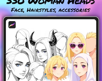 Set de pinceles para sellos de cabello y rostro de Procreate: Poses de personajes de anime y manga (descarga digital)