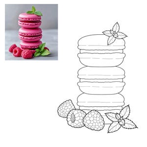 May include: A stack of four pink macarons with raspberry filling, garnished with fresh mint leaves. Several fresh raspberries are scattered around the base of the macarons. The macarons are a vibrant pink color.