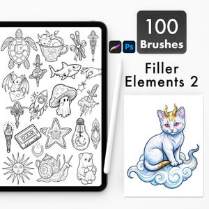 May include: A digital tablet displaying a collection of black and white line art illustrations, including a turtle, a bat, a mushroom ghost, and a cassette tape. Next to the tablet is a white stylus and a colored illustration of a horned cat on a cloud.