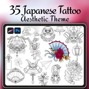 Könnte beinhalten: Digitale Illustration mit 35 japanischen Tattoo-Designs mit ästhetischem Thema. Die Designs umfassen eine Welle, eine Daruma-Puppe, einen Samurai-Helm, einen Fächer und ein Papierflugzeug. Der Text "35 Japanese Tattoo Aesthetic Theme" wird oben angezeigt.