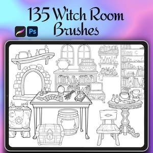 Puede incluir: Ilustración en blanco y negro de una habitación de bruja con varios objetos, incluyendo una mesa, estanterías, libros, un caldero y un cofre. El texto "135 Witch Room Brushes" está en la parte superior.