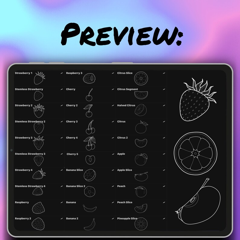 May include: A digital illustration of various fruits, including strawberries, cherries, and citrus segments, displayed on a black background. The word "PREVIEW:" is at the top. The fruits are outlined in white.