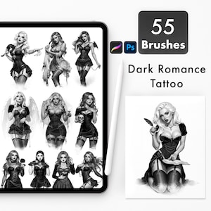 May include: Digital art set with 55 Photoshop brushes, themed around dark romance tattoos. The image shows illustrations of gothic women in different poses, plus the text "Dark Romance Tattoo". A stylus and tablet are also visible.
