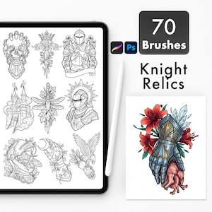 May include: A digital tablet displaying a collection of 70 black and white line art brush designs titled Knight Relics, featuring skulls, swords, armor, and castles. A stylus rests beside the screen, and a colored illustration shows a gauntlet.