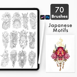 Japanische Tattoo-Pinsel für Procreate & Photoshop. Samurai-Geisha-Drachen-Stempelset. Irezumi-Flash-Art