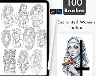 May include: A digital tablet displays a collection of 100 tattoo brush designs featuring various enchanted women. The designs include illustrations of mythical figures and portraits. A separate image shows a nun holding a cross. Text reads "100 Brushes" and "Enchanted Women Tattoo".