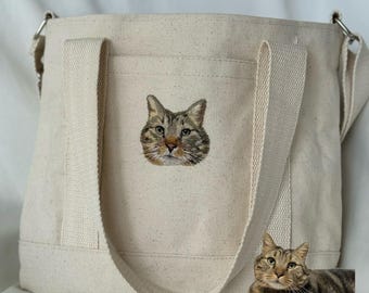 Custom Pet Portrait Embroidered Canvas Tote Bag, Personalized Gift