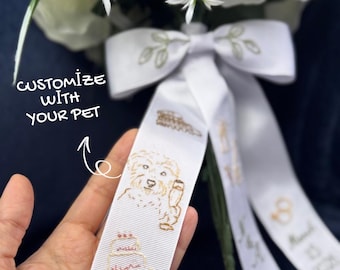 Custom Pet Portrait Wedding Bouquet Ribbon, Personalized Embroidered Bridal Wrap, Pet Memorial Keepsake