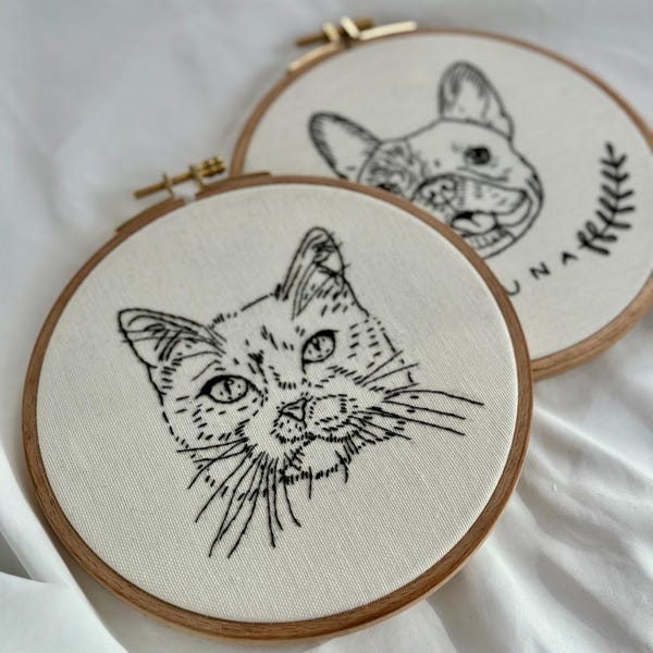 Personalisierte Haustier Porträt Stickerei - Individuell handgestickter Hund oder Katze Hoop Art