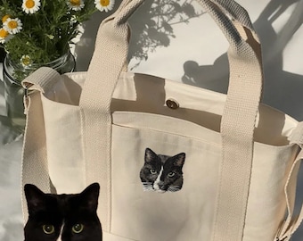 Personalized Embroidered Canvas Bag with Custom Pet Portrait - Cat & Dog Design