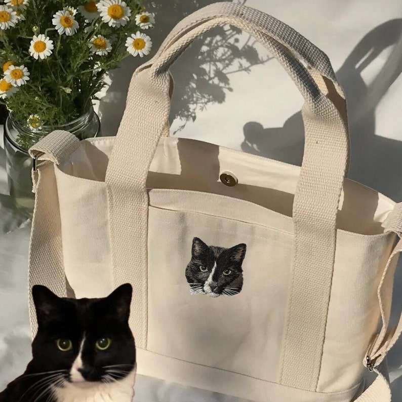 Personalized Embroidered Canvas Bag with Custom Pet Portrait - Cat & Dog Design