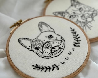 Personalized Pet Portrait Embroidery – Custom Hand Embroidered Dog or Cat Hoop Art