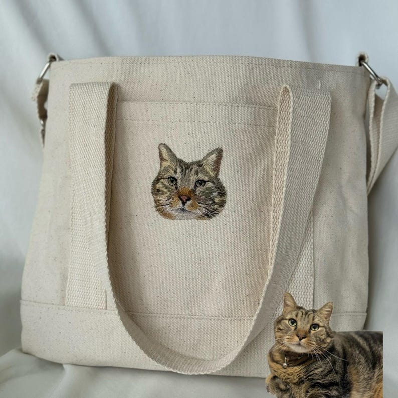 Custom Pet Portrait Embroidered Canvas Tote Bag, Personalized Gift