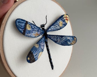 The Starry Night hand embroidery, 3D Dragonfly Embroidery Inspired by Van Gogh