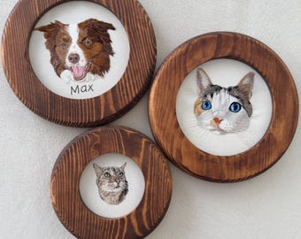 Custom Pet Portrait Embroidery in Walnut Frame - Hand-Stitched Cat and Dog Memorial Art