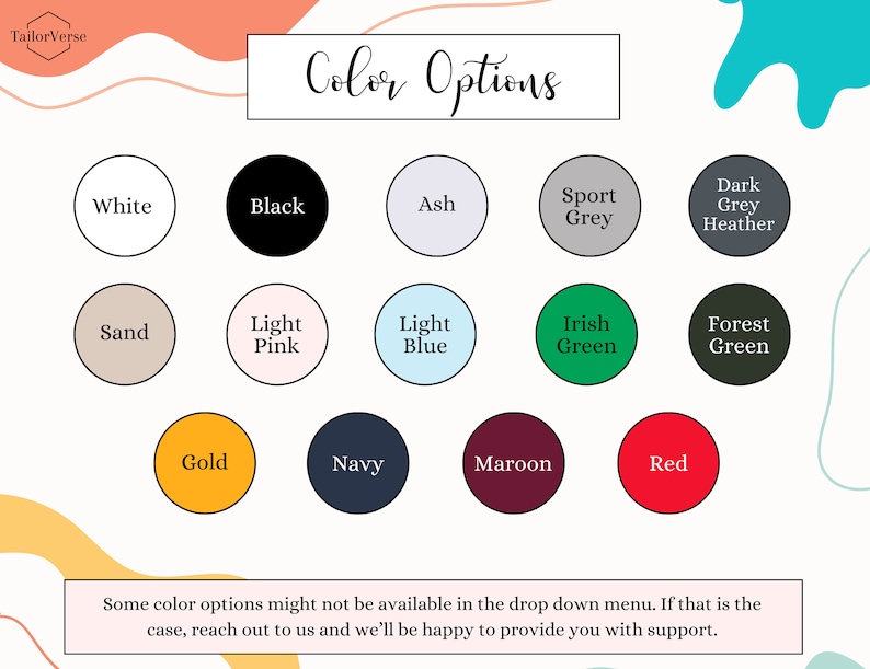 Peut inclure: Image pr&eacute;sentant un nuancier avec des options de couleurs : blanc, noir, cendre, gris sport, gris fonc&eacute; chin&eacute;, sable, rose clair, bleu clair, vert irlandais, vert for&ecirc;t, or, marine, bordeaux et rouge. Texte : "Color Options" et "TailorVerse".