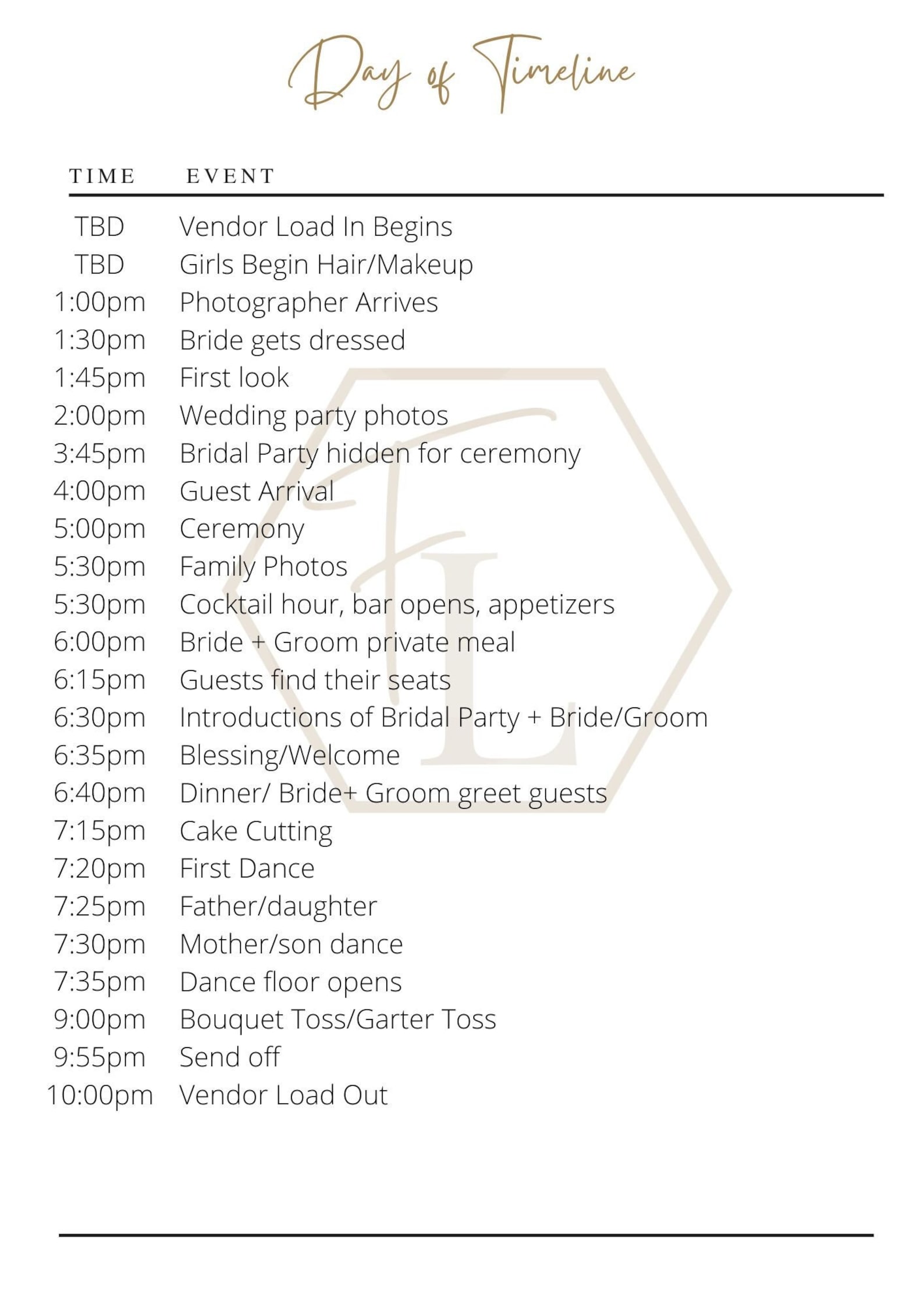 Wedding Day Timeline Template Etsy