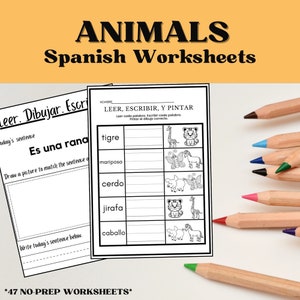 Fun and Easy Spanish Lessons: Animal Worksheets for Homeschool or Tutoring, No Prep Needed, basic Spanish sentences