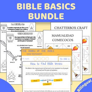 May include: A bundle of educational materials with the title "Bible Basics Bundle". The materials include illustrated worksheets and craft activities. The worksheets feature text in both English and Spanish, with images of a lamp, a sword, and a flame.