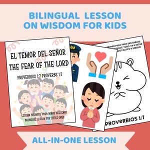 Puede incluir: Una lección bilingüe sobre sabiduría para niños con páginas impresas que muestran ilustraciones de niños, un policía, manos sosteniendo un corazón, una persona rezando y un hámster. El texto incluye "The Fear of the Lord" y "All-in-one lesson".