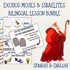 Exodus Bilingual Lesson Bundle, Moses & the Israelites, lesson, visual aids, craft for VBS, Sunday School, Homeschool, Spanish/English