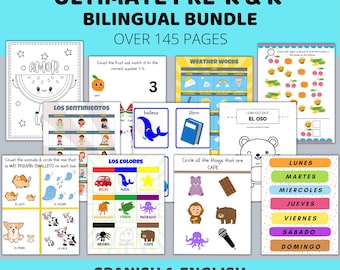 May include: A collection of printable educational materials for pre-K and kindergarten students. The bundle includes over 145 pages of bilingual content in Spanish and English, featuring topics like colors, numbers, and weather.