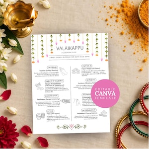 Könnte beinhalten: Eine weiße, rechteckige Valaikappu-Zeremonienanleitung mit grünen hängenden Blumenillustrationen, schwarzem Text und einem rosa runden Aufkleber mit der Aufschrift Editable Canva Template. Die Anleitung beschreibt traditionelle Rituale.