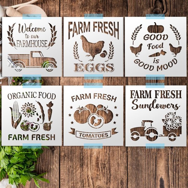 Farm Fresh Stencil 6 Set 10x10 - Reusable Farmhouse Theme Stencils for Painting and Crafts - Farm Sign Stencils for Painting Farm Phrases