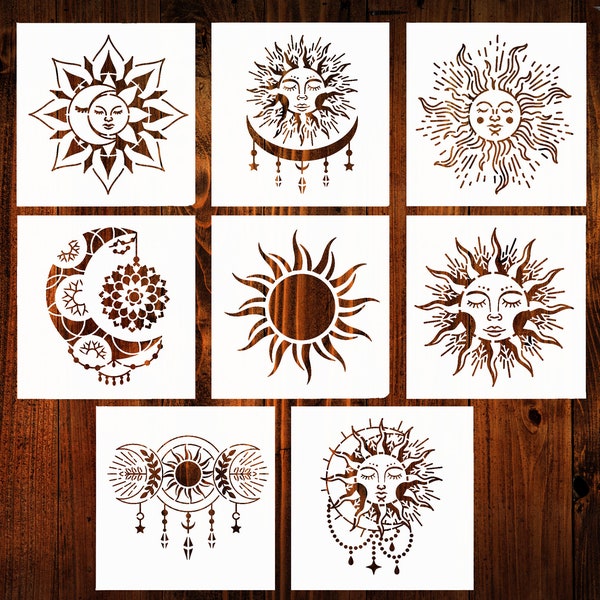 Mandala Stencils Set 8 Sun and Moon - Reusable 12x12-inch Stencils for Painting Mystical Designs Flexible Mylar Plastic Creative Painting