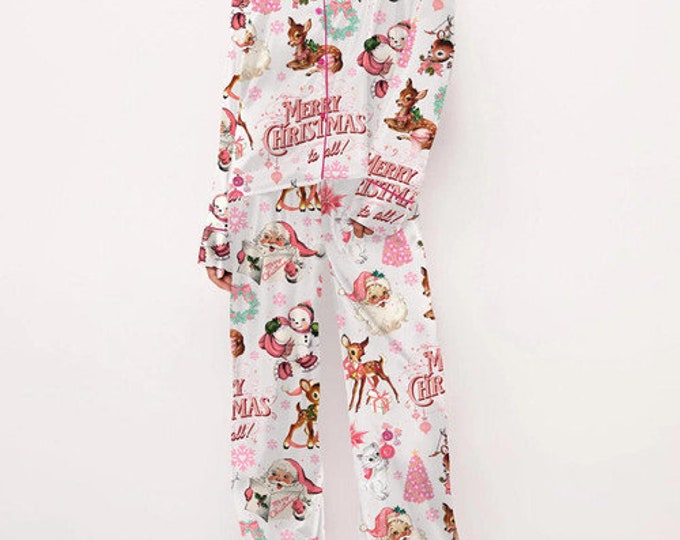 Vintage Pink Christmas Pajama Set, Pink Christmas Pajama, Christmas Pink Christmas Pajamas