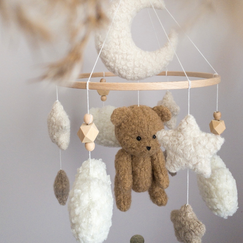 Boucle Crib Baby Mobile with Brown Bear Boucle Moon and Stars Neutral Mobile Baby Boy Girl Shower gift Baby Nursery Decor Cot Mobile image 2