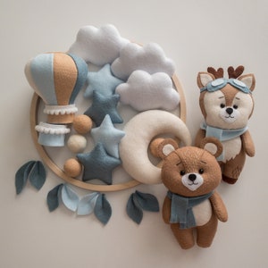 Blue boy baby mobile with forest amimals Crib mobile bear, deer, fox, bunny Woodland nursery decor Blue hanging mobile Felt crib toy image 10