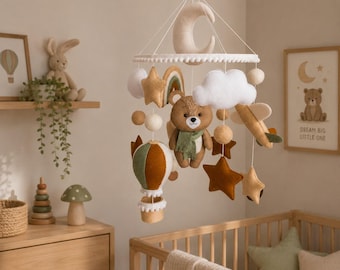 Green Bear Baby Mobile, Felt Crib Mobile, Airplane Nursery Mobile, Hot Air Balloon Mobile, Neutral Baby Shower Gift