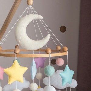 Minimalist Baby Mobile for Girl Сolorful Crib Mobile Wool Balls Mobile Stars and Clouds Mobile image 4