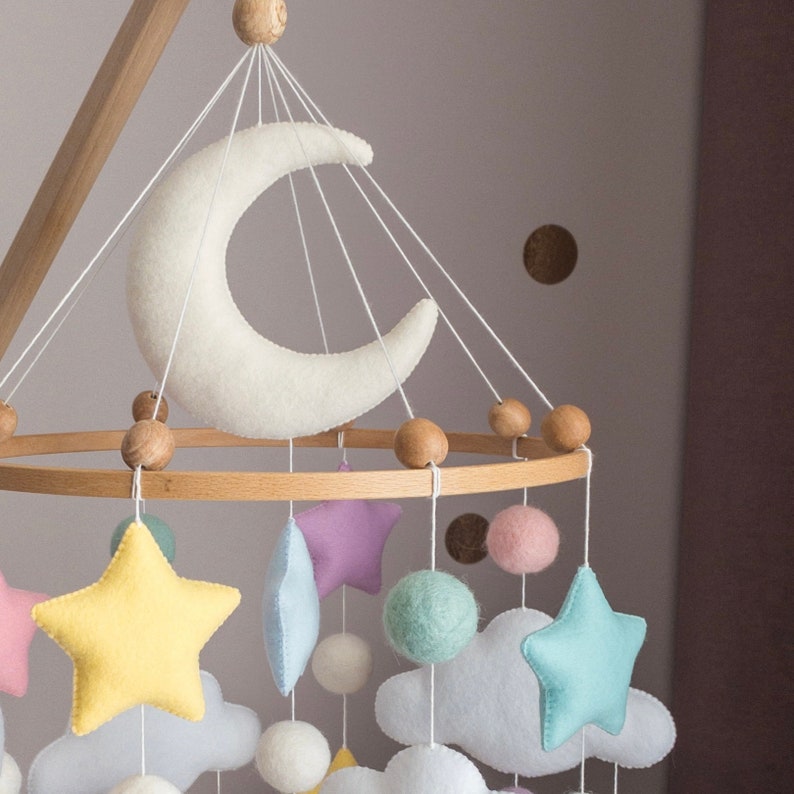 Minimalist Baby Mobile for Girl Сolorful Crib Mobile Wool Balls Mobile Stars and Clouds Mobile image 4