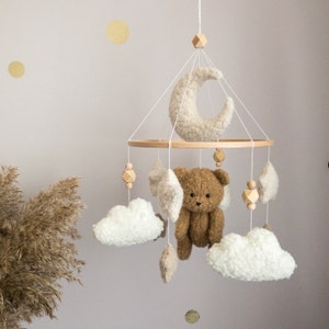Boucle Crib Baby Mobile with Brown Bear Boucle Moon and Stars Neutral Mobile Baby Boy Girl Shower gift Baby Nursery Decor Cot Mobile image 1