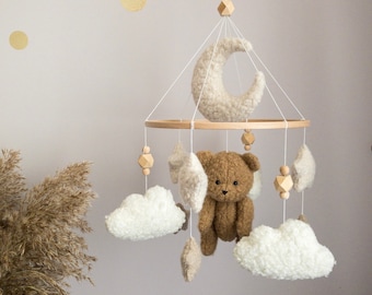 Boucle Crib Baby Mobile with Brown Bear Boucle Moon and Stars Neutral Mobile Baby Boy Girl Shower gift Baby Nursery Decor Cot Mobile